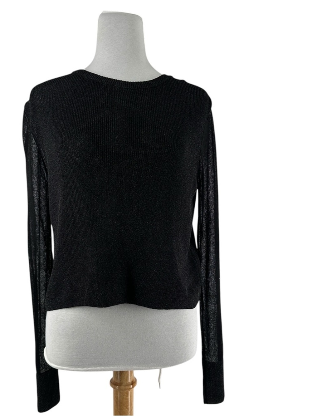 Zara knit sweater semi sheer sleeve sheen black lightweight sz M NWT